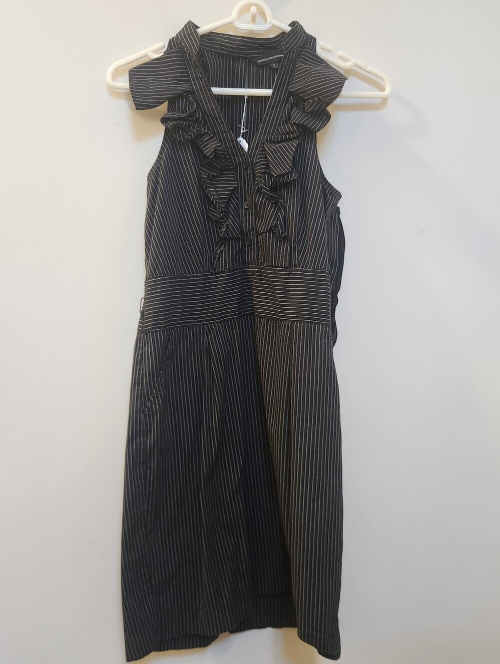 Express Girls Black Pinstriped Ruffle Neck Dress